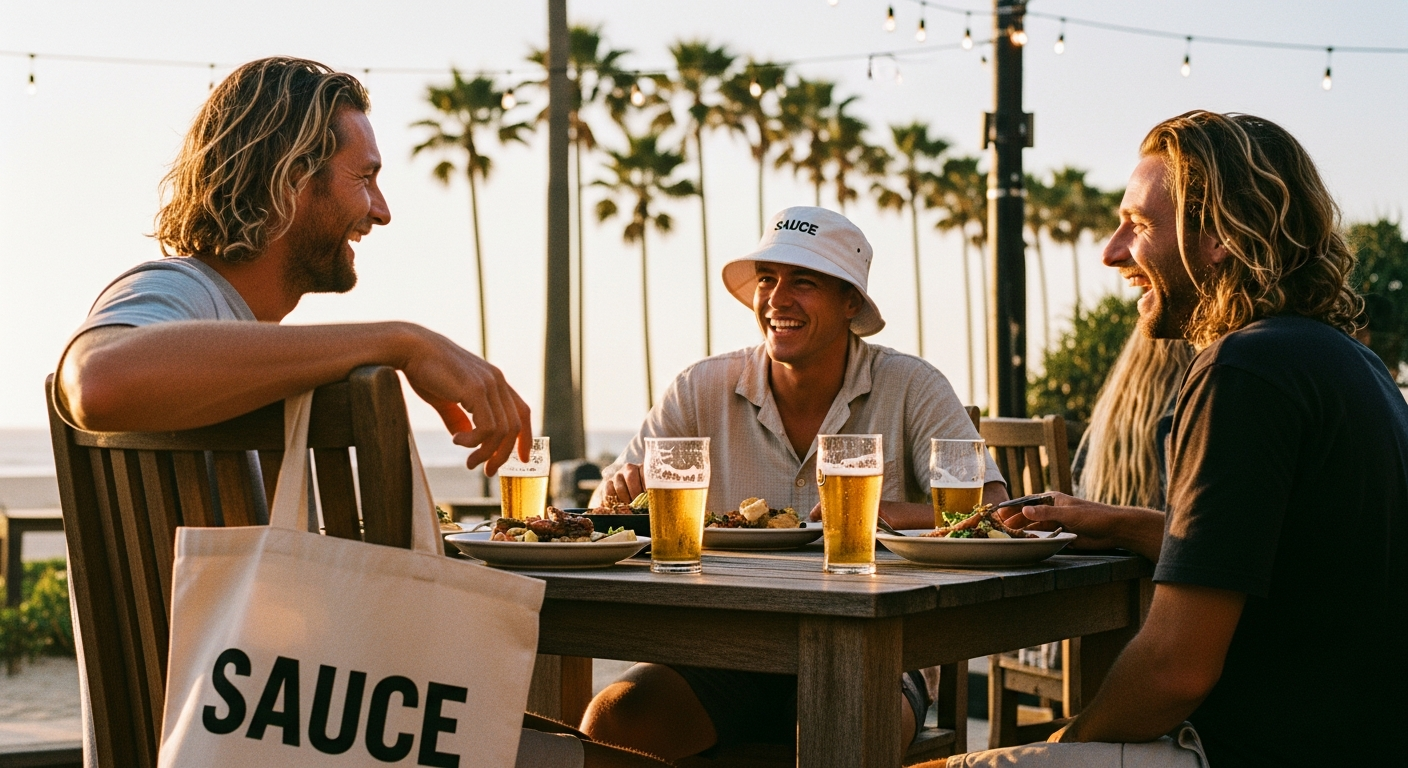 Friends at a long table by the beach at golden hour, sauce on the table.